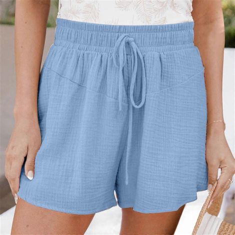 Short femme, coupe ample, taille haute, uni, décontracté, jambes larges, lacé-S-Sky Blue