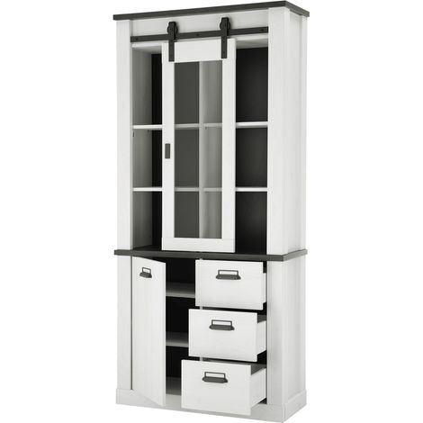 Vitrine SHELTON-61 in Pinie weiß Nb. mit anthrazit, B/H/T: ca. 93/201/38 cm (1/3)