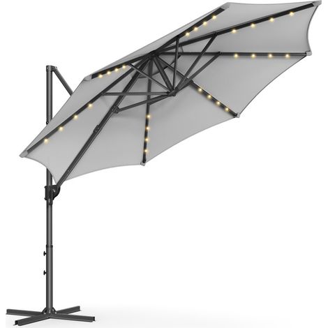 Songmics – Parasol déporté 300 cm – 28 LED solaires – Protection UPF 50+ – Inclinaison 0-60° – Rotation 360° – Base en croix – Gris tourterelle