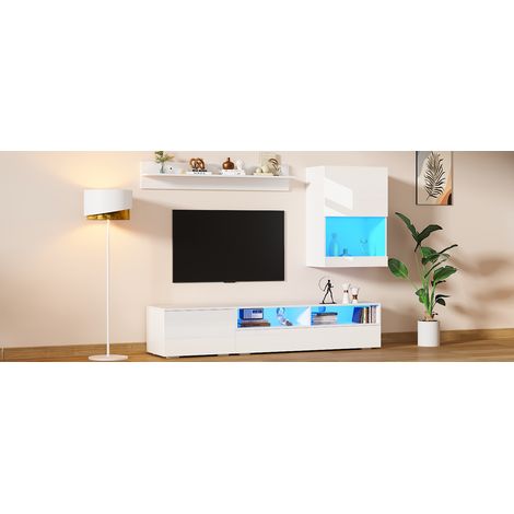 Meuble TV 175x39x34cm, ensemble complet 3 pièces avec vitrine, meuble TV sur pied et mural, étagère au sol et murale, blanc laqué brillant avec LED, support TV jusqu'à 80 pouces, salon moderne. (1/5)