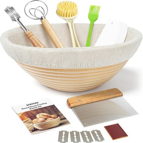 Cestino per la lievitazione del pane - Cestino per la lievitazione - Cestino rotondo per lievito madre da 25 cm - Include impastatrice, raschietto, circolatore e accessori per la cottura... (1/5)