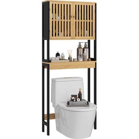 Étagère de toilettes meuble de salle de bain dessus toilette WC avec placard 2 portes et étagère ouverte bambou