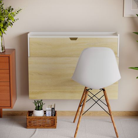 Tablette murale rabattable avec rangements, 100x18x74 cm, en aggloméré, idéale pour gain d'espace à la maison ou au bureau. (1/5)