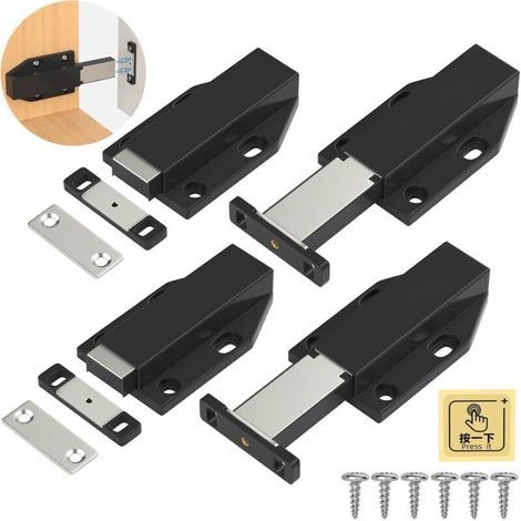 Lot 4 poussoirs Push to Open – Verrou magnétique porte placard tiroir, système amortisseur noir pratique (1/4)