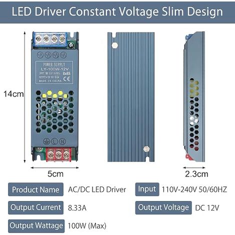 12V 100W LED Transformer Power Supply 230V to 12V Switching Power Supply Compact Extreme Constant Voltage Slim 23mm 8.3A AC 230V to 12V DC (1/4)
