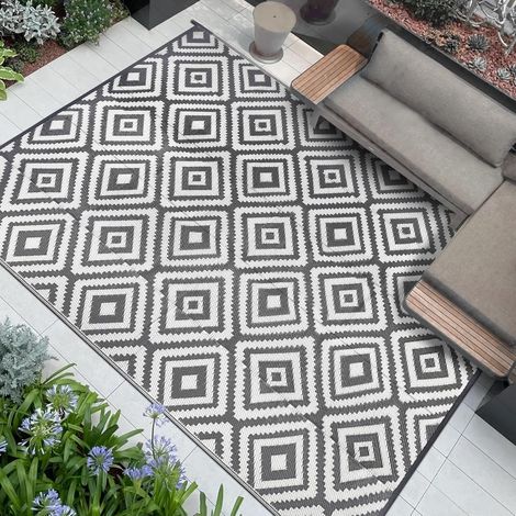 Tapis Exterieur Resistant Pluie 180x270cm Tapis Extérieur Réversible Résistant aux UV Plastique Gris Blanc Tapis Terrasse Camping Jardin Balcon (1/5)