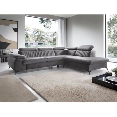 Emporius Canapé d'angle Xanto L tissu velours, droite - canapé d'angle avec rangement, appuie-têtes réglables, gris foncé (1/5)