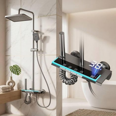 Système de douche avec douche à effet pluie, robinet de douche 4 fonctions, commande à touches de piano, colonne de douche complète avec douchette à main, hauteur réglable 70-103 cm, kit de (1/5)