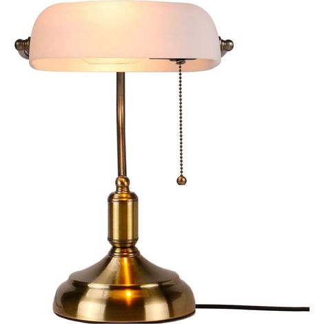 Lampe de bureau rétro Style traditionnel Bankers Lampe de table Lampe de chevet avec interrupteur de ligne de traction Abat-jour en verre blanc Lampe de bureau de banquier pour le salon Bureau Étude