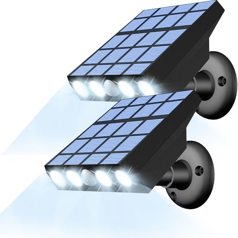 Zwei solarbetriebene LED-Garten-/Terrassenleuchten mit Bewegungsmeldern, drei Modi, wasserdichte Wandleuchten, kaltweißes Licht.