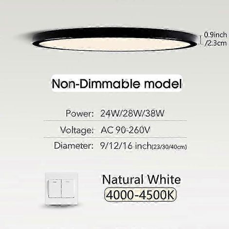 Plafonnier LED ultra-mince Marpou 2 cm 24 W 28 W 38 W Blanc chaud Blanc froid Blanc neutre Éclairage moderne d'intérieur Décoration pour la maison (38 W Noir - blanc naturel) (1/5)