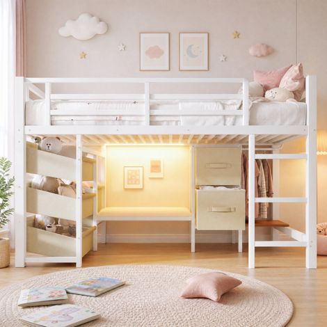 Cama alta 90x200 cm de metal blanco con LED, cojín y almacenaje (1/5)