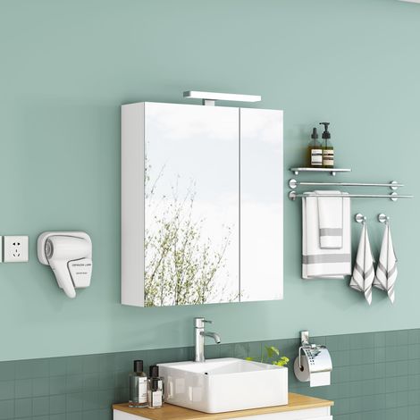 Armario de baño blanco de 60 cm para montaje en pared con espejo, puertas asimétricas, iluminación LED y enchufe francés, estantes de cristal regulables en altura y bisagras de cierre suave. (1/5)