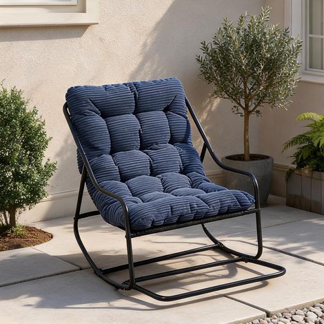 Fauteuil à bascule d'extérieur avec coussin épais métal bleu (1/5)