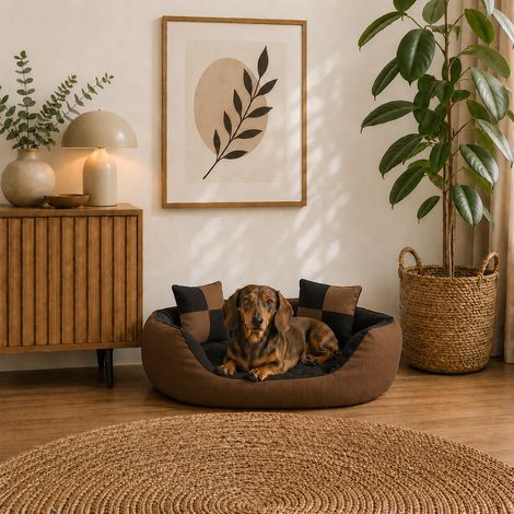 belviona 4-in-1 Hundebett, Hundekörbchen mit Wendekissen, wasserabweisend, tiefer Einstieg & 2 Spielkissen, 65x50 cm, schwarz/braun (1/5)