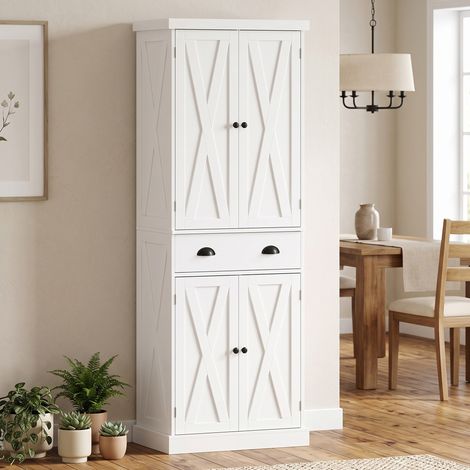 Buffet Haut Cuisine 4 Portes, Tiroir, 62x38x173 cm, Rangement, Blanc, Structure Robuste (1/5)