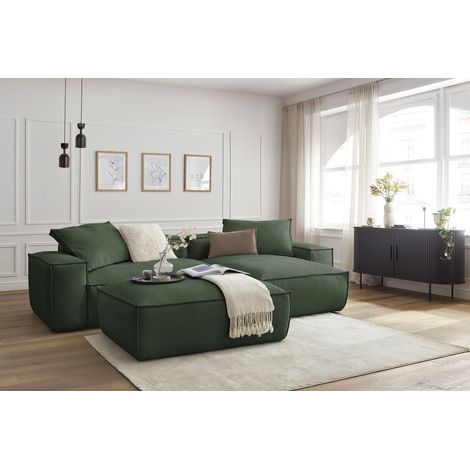 BOBOCHIC - Canapé d'angle réversible ultra moelleux BOHEME tissu chiné avec pouf Réversible Vert (1/5)
