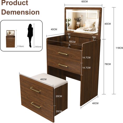 3-in-1-Schminktisch mit offenem Spiegel, kleines Schminktisch-Set mit Tischplatte aus Klarglas, kompakter Schminktisch mit 3 Schubladen, Schlafzimmer-Schminktisch,Maße:B60/H118/T40 cm. (1/5)