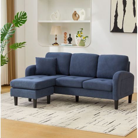 REDOM - Canapé d angle modulable 166x118x77 cm, méridienne gauche ou droite, assise confortable, tissu cord, mousse, bleu (1/5)