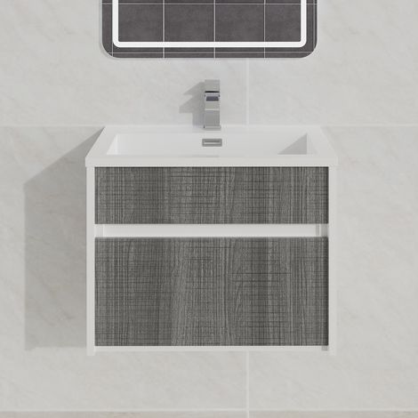 600mm Bathroom Wall Hung Vanity Unit Sink Cabinet Drawer Grey Ash (1/5)