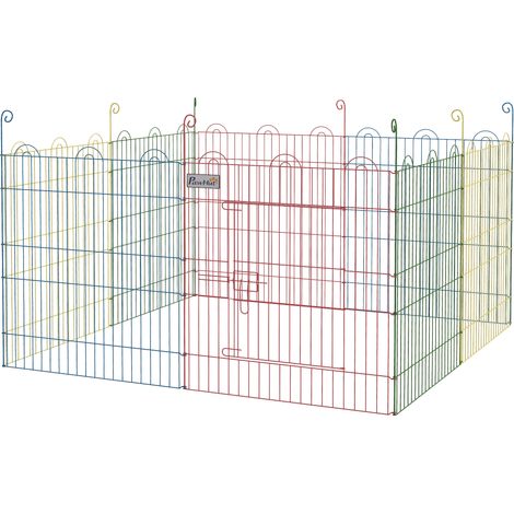 Parc pour chien pliable à 8 panneaux Ø156 x 60 cm, clôture métallique avec portail et piquets pour une utilisation intérieure et extérieure, multicolore (1/5)