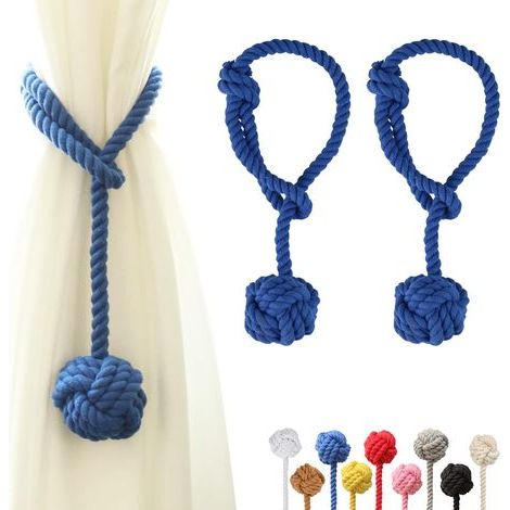 Lot de 2 - Embrasse de Rideau - Cordon en Coton - Boule Tissée à la Main pour Décoration Intérieure et Extérieure Bleu 64,8x7cm (1/5)
