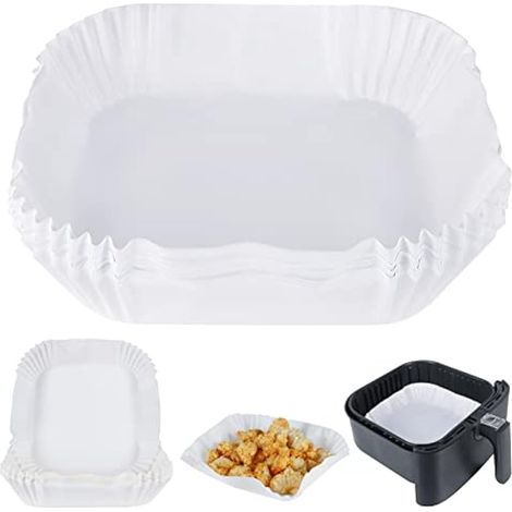 Lots de 50 liners jetables pour friteuse à air, carrés 16,5 cm intérieur / 21 cm diamètre, papier anti-graisse compatible COSORI, Ninja, Tower et plus (Blanc)