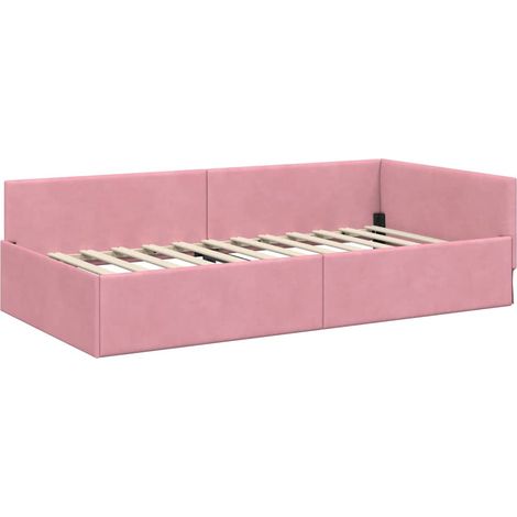Corner Bed Frame Pink 90 x 200 cm Velvet and Engineered wood vidaXL (1/5)