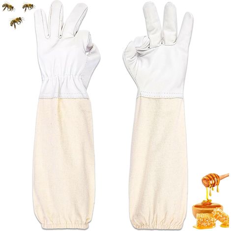 Guanti da apicoltura in pelle di capra, guanti da apicoltura in tela a maniche lunghe, guanti da giardinaggio, attrezzatura per apicoltura compatibile con indumenti protettivi (bianco, XL) (1/5)