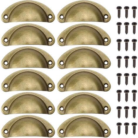 12 Poignée de meuble, Coquille bronze, Laiton demi-lune, Avec vis, Pour armoires tiroirs placards (1/5)