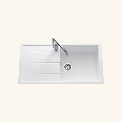 Évier granit blanc 100x50 cm – Évier encastrable 1 bac réversible – Vidage manuel inclus – Bonde et siphon fournis – EWI (1/3)
