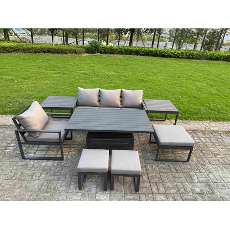 Fimous Aluminum Outdoor Dining Set Patio Dining Furniture Set Includes Adjustable Rising Lifting Dining Table Chairs with 3 Footstools 2 Side Tables (1/5)