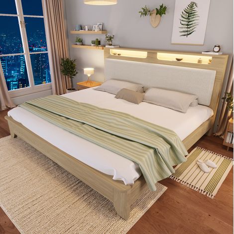 Polsterbett 140/200 cm beige/eichefarben aus Holz und Cord mit LED-Kopfteil und Stauraum (1/5)