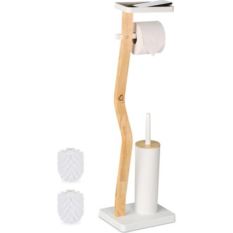 Serviteur WC Non Fixe, Support téléphone, H x L x P: 80,5 x 23 x 18 cm, pour Salle de Bain, Blanc et Nature (1/5)
