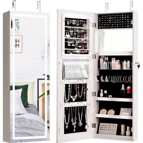 Costway – Armoire à bijoux 40 x 12 x 120 cm – MDF avec miroir et éclairage LED – Verrouillable avec rangement pour 48 boucles d'oreilles et cosmétiques (1/5)