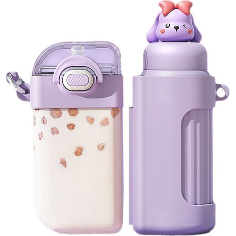 Gourde à paille grande capacité, étanche, mignonne et portable, double gourde pour enfants, violette (1/5)