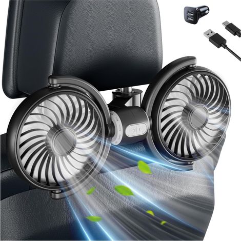 Ventilateur de Voiture avec Chargeur Voiture, Ventilateur Voiture 12V, Ventilateur Double Tête, Rotation À 360°, Pour siège auto bébé, 3 vitesses (1/4)