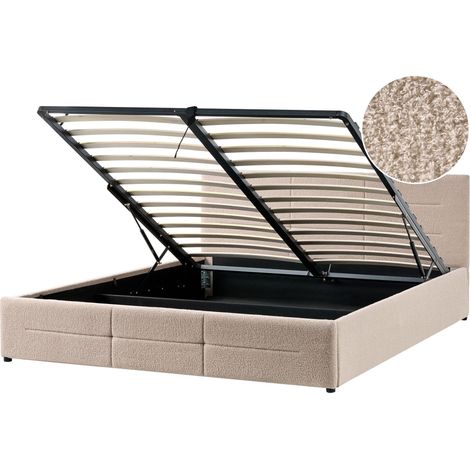 Ottoman Bed Beige Boucle EU Super King Size 6ft Lift-Up Storage Headboard Slatted Base Modern Design MASSOGNES