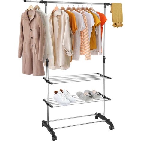 Portant à Vêtements avec Roulettes en Métal avec Etagères à Chaussures Hauteur et Longueur Réglables Robuste Montage Facile (1/5)