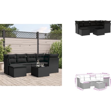 7-tlg. Garten-Sofagarnitur mit Kissen Schwarz Poly Rattan - Gartenmöbel Set - PE-Rattan Möbel - Outdoor Sofa - Esstisch Set - Lounge Set (1/3)