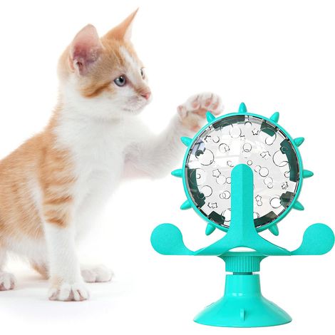 Distributore interattivo di cibo e snack per gatti da interno, giocattolo con ventosa a forma di mulino a vento rotante a 360° per animali domestici, puzzle originale con movimento lento (1/5)
