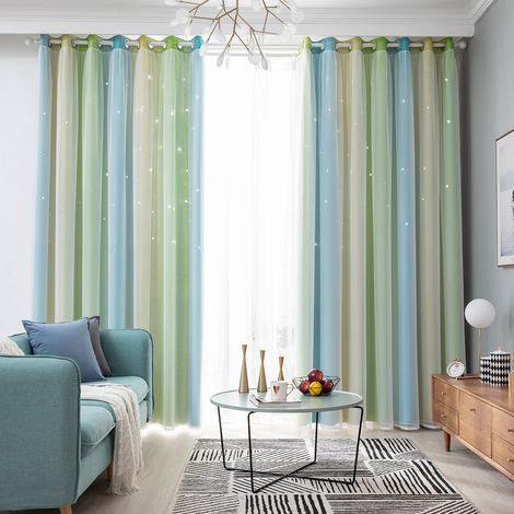 Rideaux occultants double couche à motif étoiles ajourées dégradé simple (2 pièces) pour chambre et salon. (1/2)