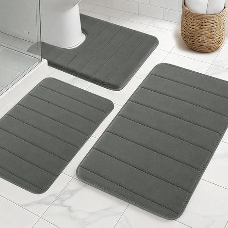 Lot de 3 tapis de bain en mousse à mémoire de forme, lavables, doux et à séchage rapide, antidérapants et absorbants, tapis de salle de bain pour douche, WC et baignoire (gris foncé) (1/5)
