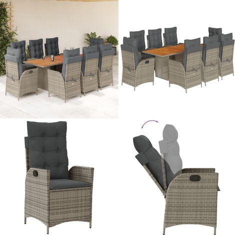 9-tlg. Garten-Essgruppe mit Kissen Grau Poly Rattan - Gartenstuhl - Gartentisch (1/5)