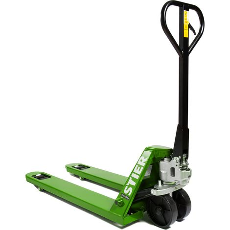 STIER Hubwagen, Gabelhubwagen mit Tragkraft 2500 kg, vormontiert einsatzbereit, Gabellänge 1150 mm, Nylon-Rollen, Grün, Palettenhubwagen, Handhubwagen, Lenkeinschlag von 210°, wartungsfreie