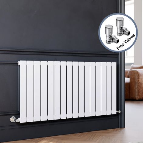 ELEGANT Designer Horizontal Flat Panel Radiator + Angled Radiator Valves 600 x 1216 mm White Single Heater (1/5)