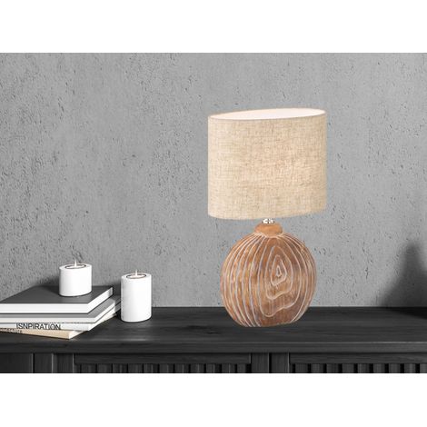LED Tischlampe mit Keramikfuß Holzfarben & Lampenschirm Leinen Beige, Höhe 39cm (1/4)