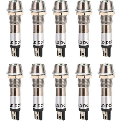 10pcs Voyants LED 24V DC Vert, Coque Acier Inoxydable 8mm, Ampoule Signal Lumineux Témoin