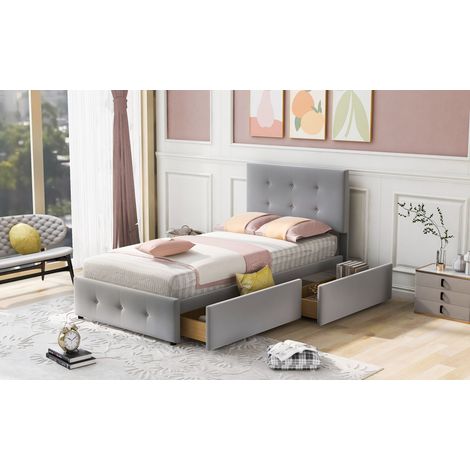 Lit 90x200 cm avec sommier à lattes, dossier et 2 tiroirs, tête de lit réglable, velours gris doux pour la peau, literie enfant/ado/visiteur sans matelas (1/5)