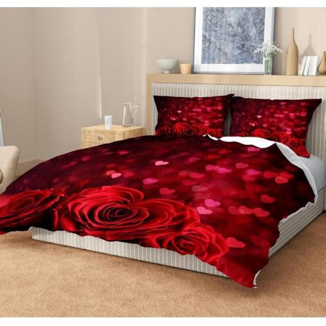 Parure de Lit 220x240 cm 3D roses en cœur avec housse de couette microfibre avec fermeture éclair et d'oreiller - KSY (1/4)